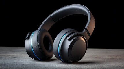 Modern black wireless headphones with blue accent lighting