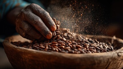 woman's hand picking up coffee beans from a wooden bowl on a table