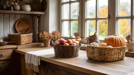 Fototapeta premium rustic kitchen interior in autumn, wooden textures, basket with apples and pumpkins, warm lighting, natural materials, cozy and nostalgic