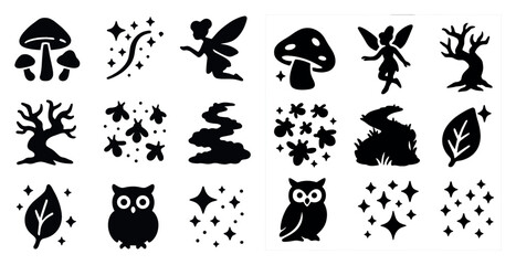 Fototapeta premium Nature and fantasy icons set – silhouette, filled, fairy and forest symbols