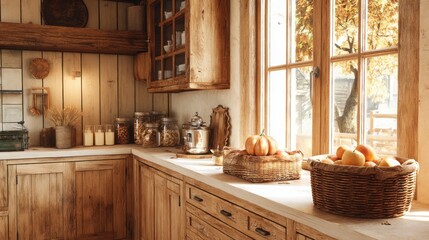 rustic kitchen interior in autumn, wooden textures, basket with apples and pumpkins, warm lighting, natural materials, cozy and nostalgic