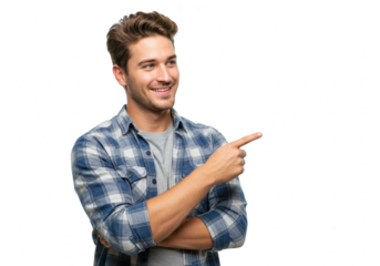 A handsome young man in a plaid shirt is pointing to the right and smiling on a