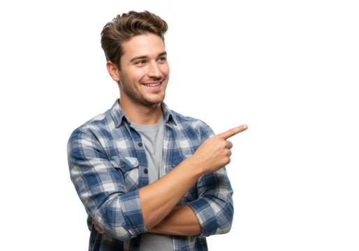 A handsome young man in a plaid shirt is pointing to the right and smiling on a