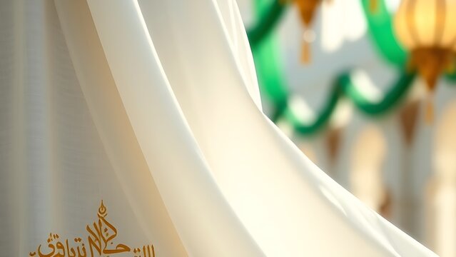 White thobe with green and gold embroidery, soft light highlighting textures amid festive lanterns.