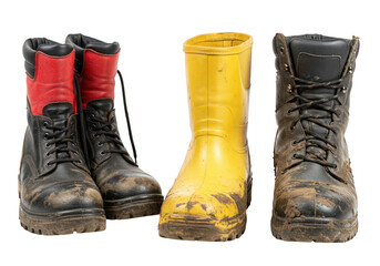 Three pairs of dirty and worn work boots are isolated on a transparent background