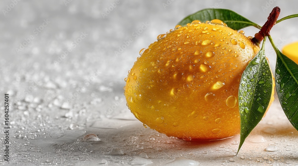 Poster mango with refreshing water drops on white minimal setting