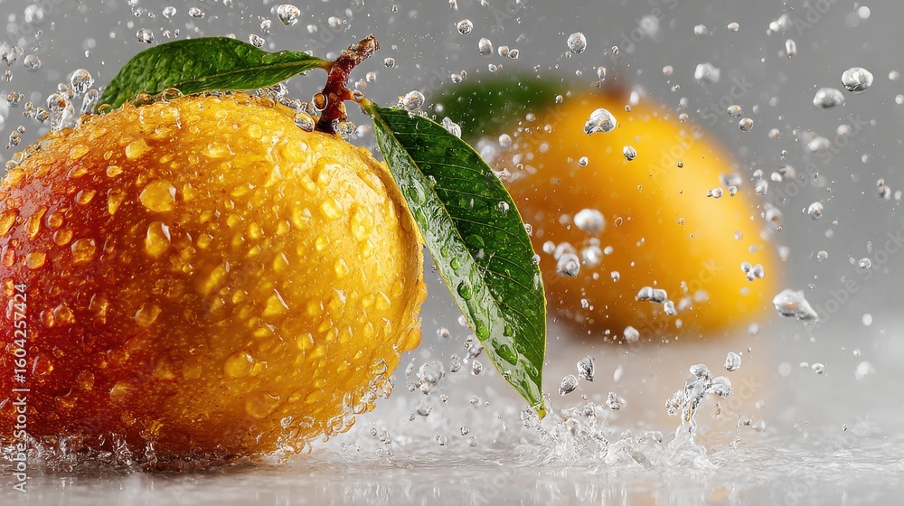Poster mango with refreshing water drops on white minimal setting