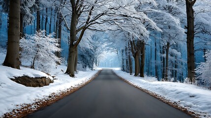 Snow covered forest road leading to a bright horizon
