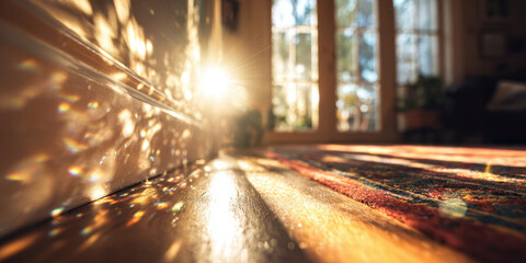 Golden Hour Interior: The sun casts a magical glow on a classic interior space, illuminating the intricate textures of the wooden floorboards. The sunlight creates long shadows.