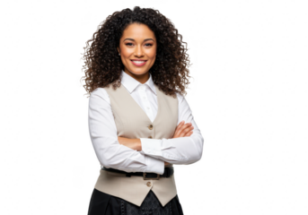 A confident businesswoman in a vest and tie is smiling with her arms crossed on