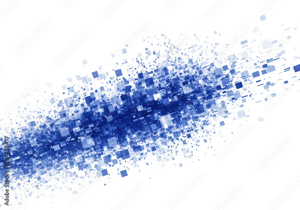 Poster a blue abstract background features a dynamic arrangement of scattered squares on