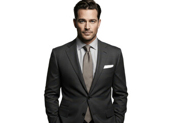 Fototapeta premium A handsome businessman in a grey suit and tie poses confidently on a transparent