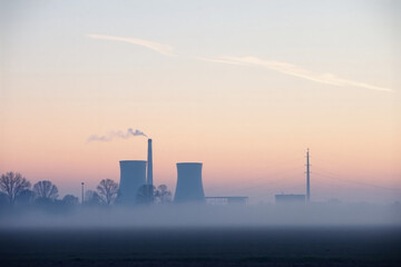 Nuclear power plant with cooling towers in misty landscape at dawn. Industrial energy facility silhouetted against pink sunset sky with steam emissions.