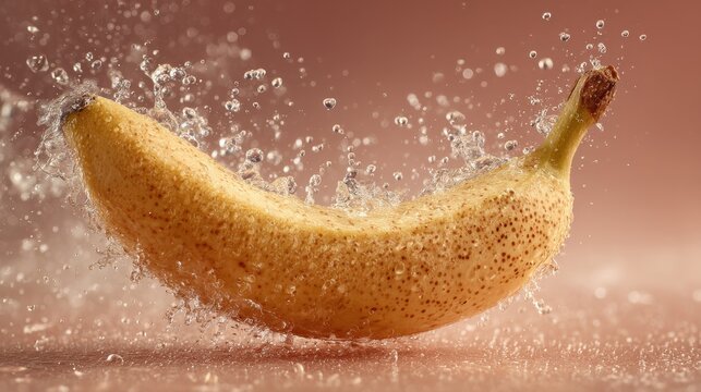 Single banana with water spray effect, minimal backdrop