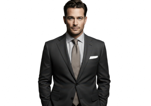 A handsome businessman in a grey suit and tie poses confidently on a transparent