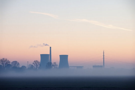 Nuclear power plant with cooling towers in misty landscape at dawn. Industrial energy facility silhouetted against pink sunset sky with steam emissions.