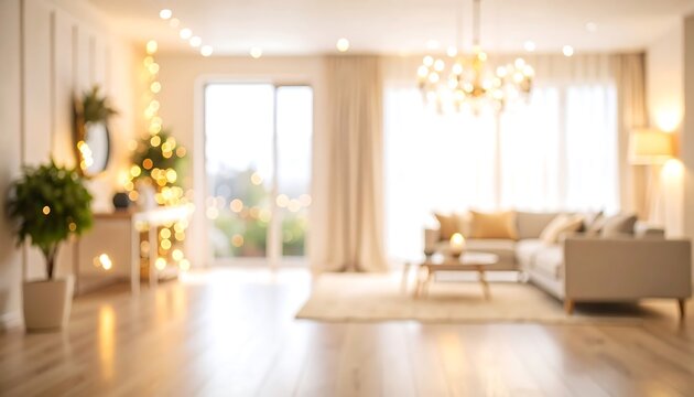 Blurry view of an elegant living room decorated for Christmas holiday - Powered by Adobe