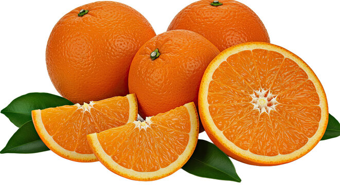 close-up of juicy orange segments and h close-up of juicy orange segments and halved oranges with fresh green leaves alved oranges with fresh green leaves
