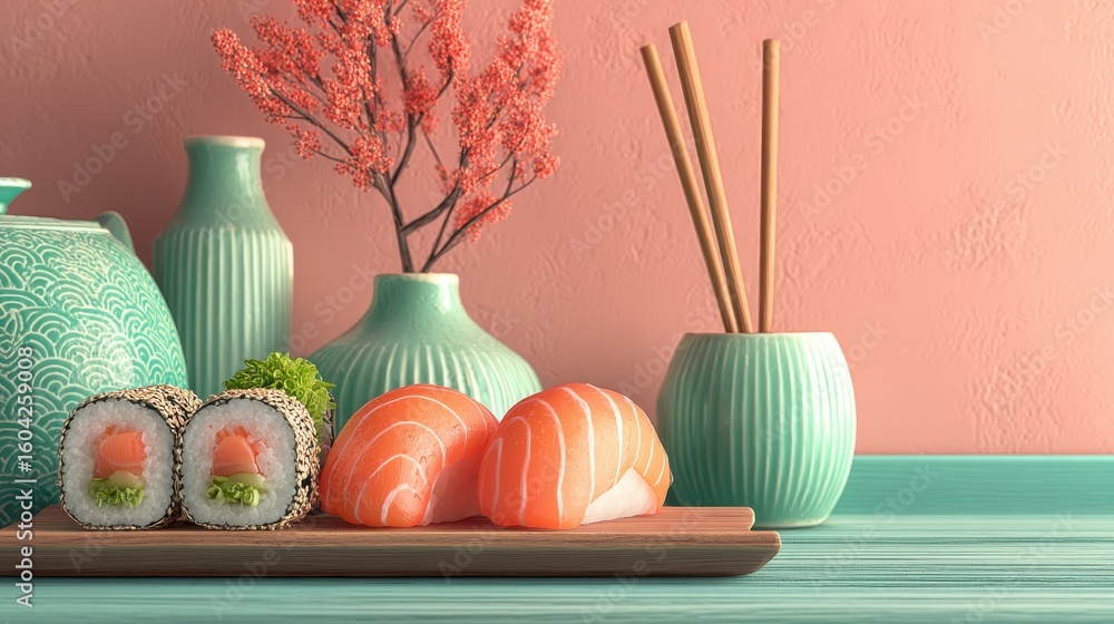 Poster sushi set with chopsticks placed on minimal table
