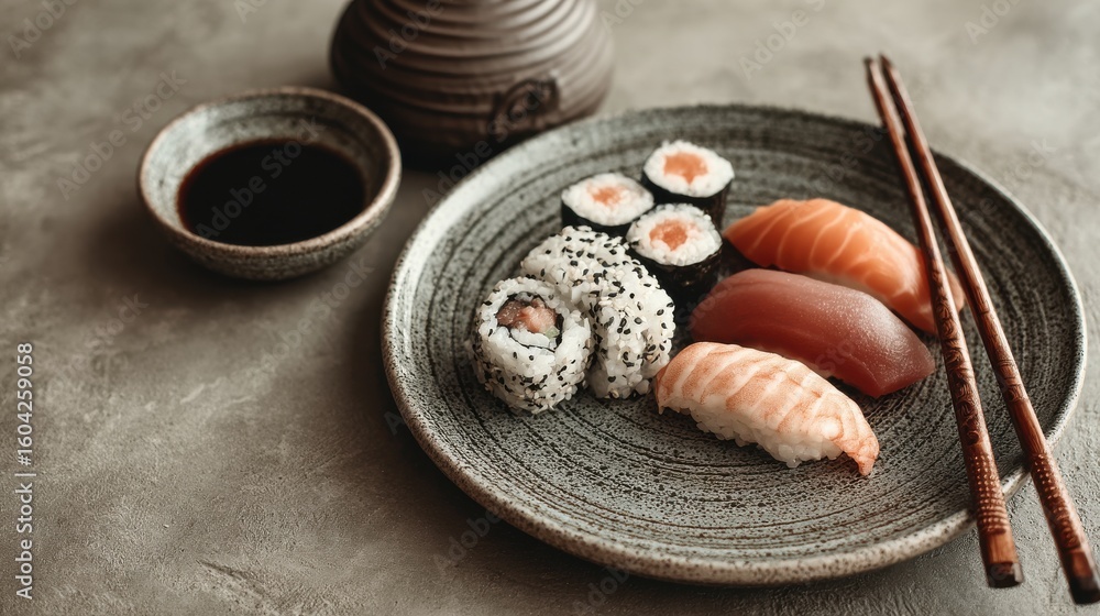 Poster sushi set with chopsticks placed on minimal table