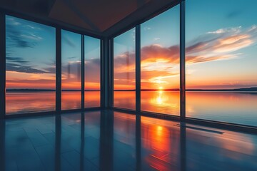 A modern, minimalist black aluminum window frame with large glass panes, reflecting the sunset over a calm lake -