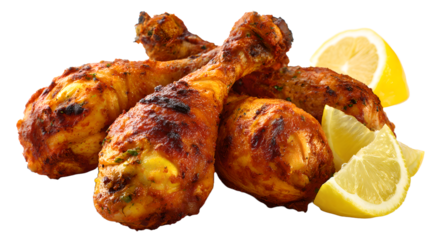 grilled seasoned chicken drumsticks with lemon slices on transparent background
