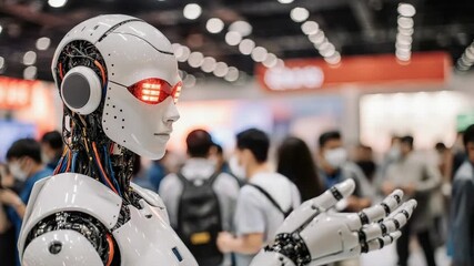 Futuristic humanoid robot with glowing eyes in a crowded exhibition hall setting