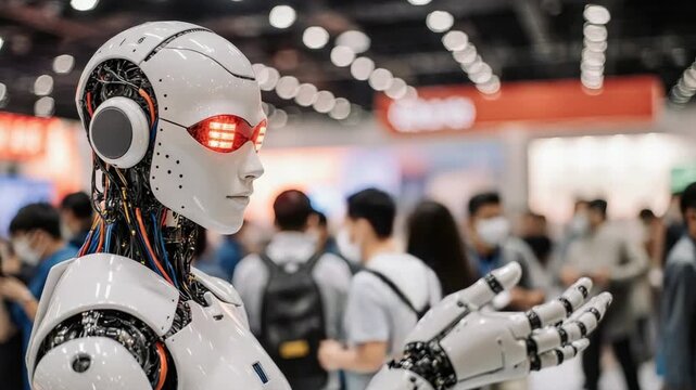 Futuristic humanoid robot with glowing eyes in a crowded exhibition hall setting
