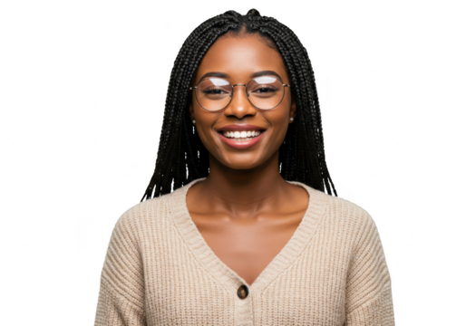 A young african american woman with braids and glasses is smiling on a transparent