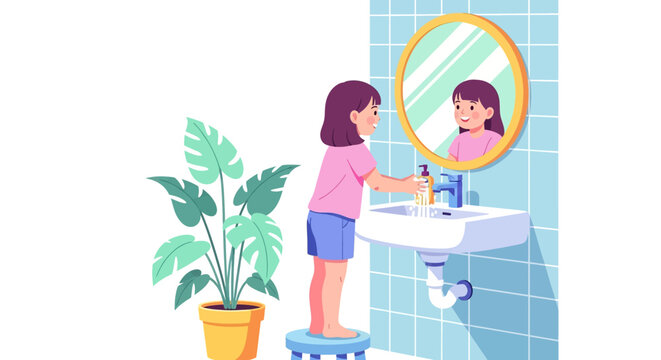 Adobe illustrator artwork vector illustration of a child washing hands at sink on stool, with mirror and plant, promoting hygiene, cleanliness, and health for bathroom, parenting, and education themes