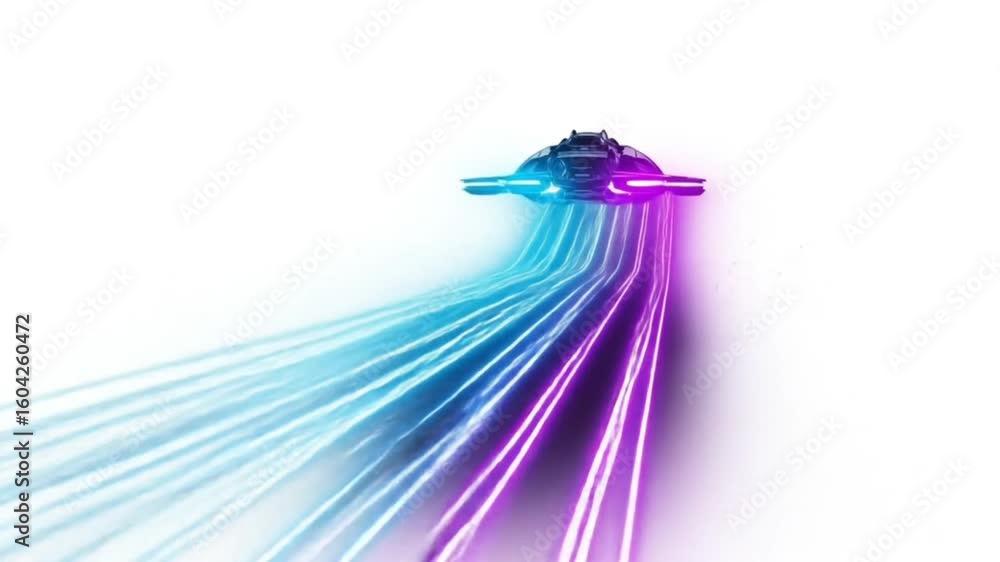 Poster futuristic spaceship abstract animation with neon trails on white background - technology concept