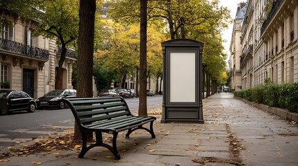 Empty parisian street bench and advertising pillar in autumn