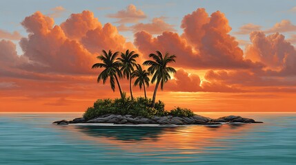 Tropical island paradise at sunset with fiery clouds