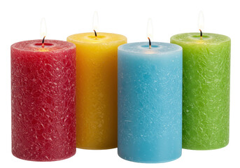 Four colorful wax candles red yellow blue and green are burning brightly