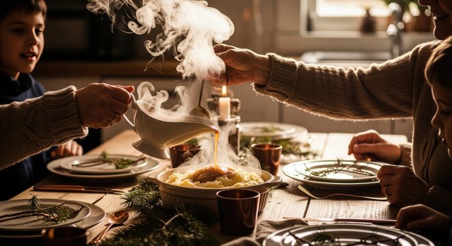  Family Thanksgiving Dinner with Steam. A warm and inviting photograph of a family gathered around a table for Thanksgiving dinner.  - Powered by Adobe