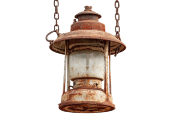 Vintage Rusty Lantern Hanging by Chains Old World Charm Industrial Decor Historical Artifacts Photo