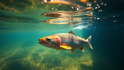Underwater scene of a trout swimming in a clear river, showcasing aquatic tranquility and wildlife.