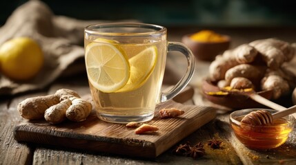The soothing cup of ginger tea with lemon and honey on a rustic table.