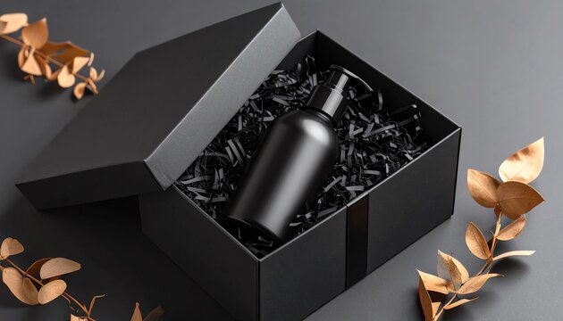Black Skincare Bottle with Pump in Rigid Box and Japandi Vase Setup