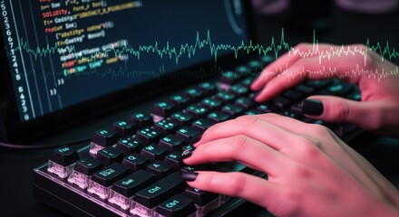 Hands Coding with Graph Overlay. A pair of hands typing on a black mechanical keyboard. In the background, a screen displays code in various colors. 