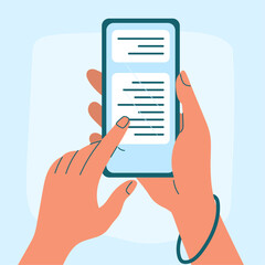 Minimalist vector illustration of two hands holding and scrolling a smartphone displaying a message chat in blue and beige tones