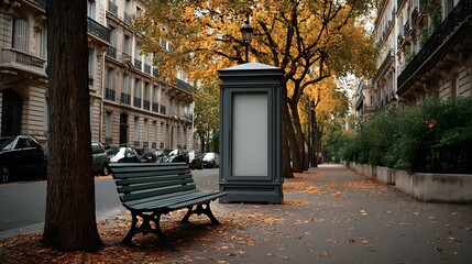 Autumnal paris street scene with bench and lamppost