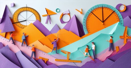 Papercraft scene depicts people working with geometry, tools, mountains. Bright colors create abstract landscape.