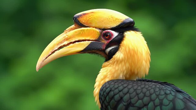 Profile of a magnificent Great Hornbill bird with its prominent yellow casque and beak, vibrant plumage, and piercing red eye in a lush natural hab...