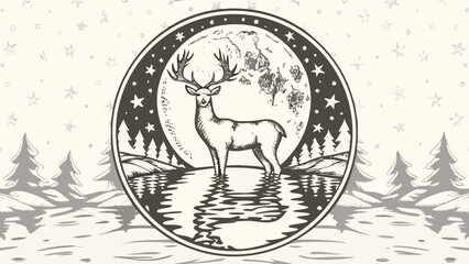 Illustration of a deer standing in water with trees moon and stars in a circular frame design element silhouette