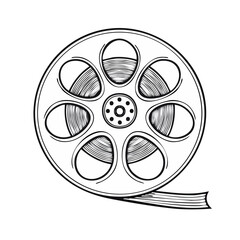 Film Reel Illustration, Vintage Movie, White Line Art on Black Background