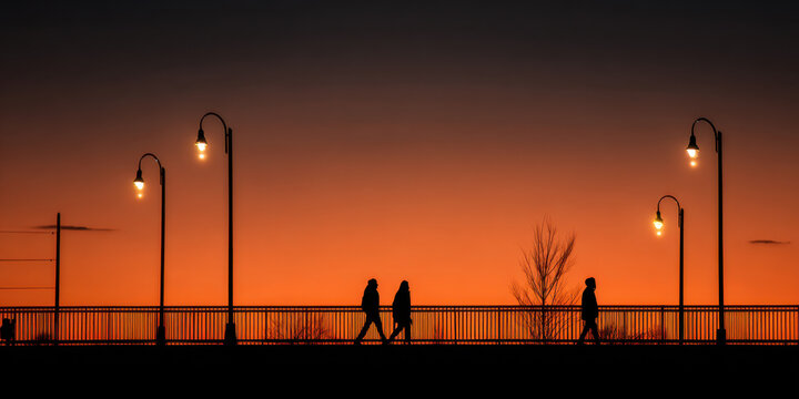 Twilight Stroll: Silhouettes of individuals walk along a bridge adorned with street lamps at sunset, creating a serene and evocative scene. 