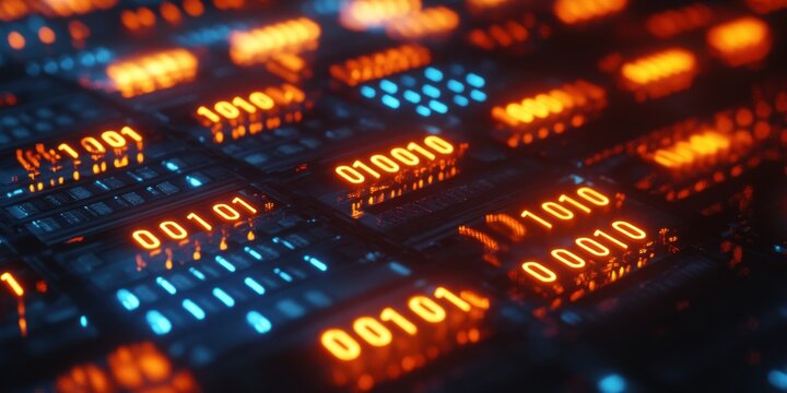 Glowing binary data chips on motherboard