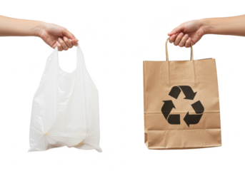 Hands hold a plastic bag and a paper bag with recycling symbol in a studio shot on