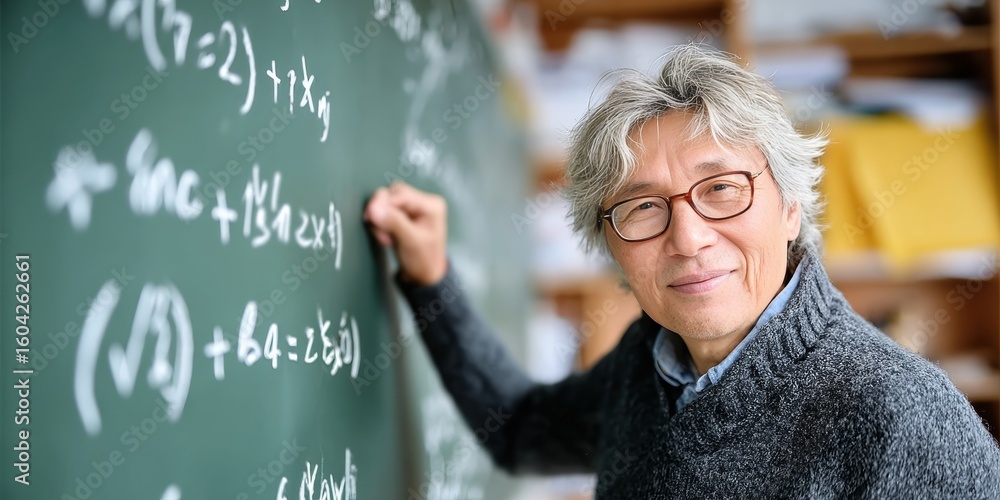 Poster experienced mathematician passionately explaining an abstract concept at the university chalkboard.